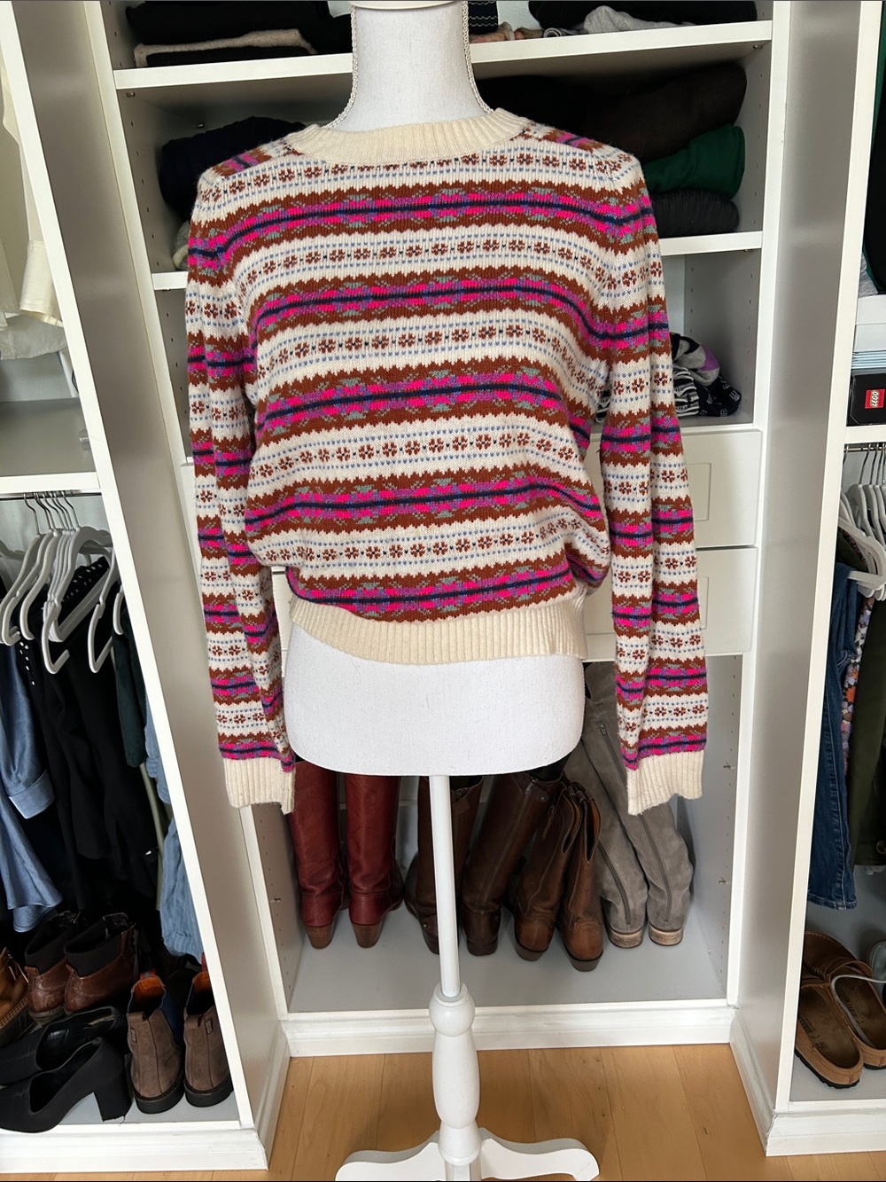J. Crew Cream Crewneck Sweater with Pink & Brown Stripes